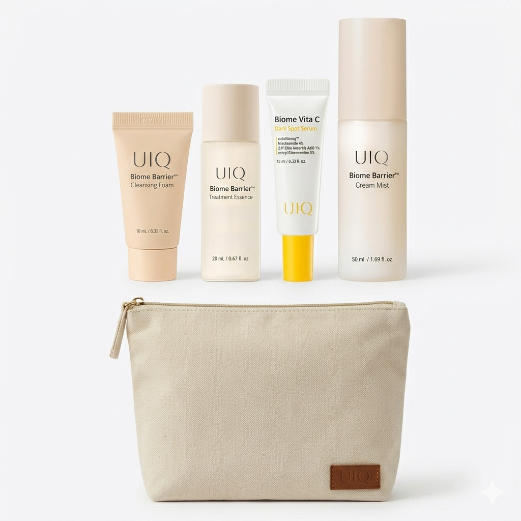 El Travel Set UIQ reúne los esenciales de la línea Biome Barrier™ en formato mini, perfectos para llevar en tu maleta sin renunciar a tu ritual de cuidado. Todo incluido en una travel bag de lona con cierre dorado, digna de tus viajes.